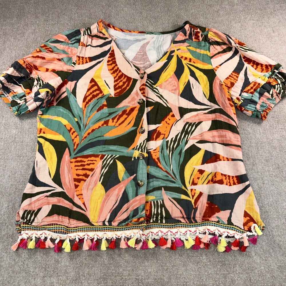 Tropical Leaf Print Button Down Tassel Hem Short Sleeve Top Boho Multi-Color